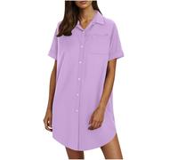 Abito in lino da donna, estivo, a maniche corte, in cotone e lino, lunghezza al ginocchio, a tunica, per il tempo libero, tinta unita, abito corto, viola., L