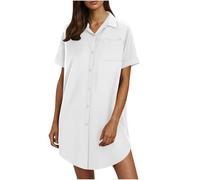 Abito in lino da donna, estivo, a maniche corte, in cotone e lino, lunghezza al ginocchio, a tunica, per il tempo libero, tinta unita, abito corto, bianco, M