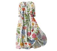 Abito in lino da donna, estivo, maniche a 3/4, con colletto bubik, con stampa floreale, in cotone e lino, con linee ad A, con cintura, per il tempo libero, verde chiaro, L