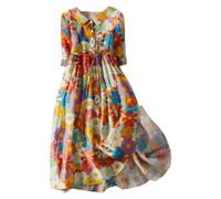 Abito in lino da donna, estivo, maniche a 3/4, con colletto bubik, con stampa floreale, in cotone e lino, con linee ad A, con cintura, per il tempo libero, rosso, XL