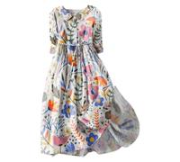 Abito in lino da donna, estivo, maniche a 3/4, con colletto bubik, con stampa floreale, in cotone e lino, con linee ad A, con cintura, per il tempo libero, bianco, L