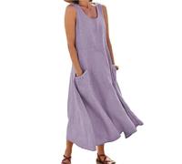 Abito in lino da donna, senza maniche, in cotone e lino, largo, in tinta unita, per il tempo libero, a linee, casual, girocollo, da spiaggia, con tasche, viola., XL