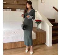 Abito in maglia a maniche lunghe con bottoni a contrasto e scollo a placca, stile retrò chic, abito da donna L,M,SBlocchi di coloreMaglieria