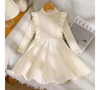 Abito in maglia di stile francese dolce da ragazza, colore giallo senape, in morbida stoffa a maglia, collo semi-alto con bordo arricciato, bordo arricciato asimmetrico che richiama la texture a magli
