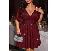 Abito in maglia elegante con scollo a V, vita stretta e riflessi metallici, tessuto elastico, adatto per le vacanze primavenili, taglie comode 0XL,1XL,2XL,3XL,4XLStampa CasualeTessuto
