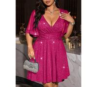 Abito in maglia elegante con scollo a V, vita stretta e riflessi metallici, tessuto elastico, adatto per la primavera e le vacanze, taglie comode 0XL,1XL,2XL,3XL,4XLStampa CasualeTessuto