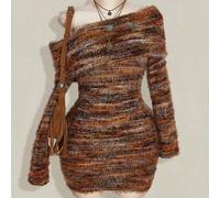 Abito in maglia monospalla taglie forti, abito invernale caldo, abito monospalla a righe in maglia 0XL,1XL,2XL,3XL,4XLStampa CasualeTessuto in maglia