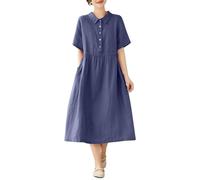 Abito in mussola da donna, vintage, in cotone, lino, casual, tinta unita, con colletto rovesciato, a maniche corte, con bottoni, sotto il ginocchio, abito estivo, Blu marino, XXL