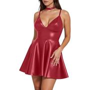Abito in pelle da donna, nero, corto, taglie grandi, effetto bagnato, sexy, linea ad A, abito da festa, con scollo a V, mini abito da discoteca, biancheria intima da donna, tinta unita, O rosso., M