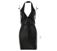 Abito in Pelle PU Sexy Senza Schienale per Abbigliamento Donna Nero Autunno Senza Maniche Scava Fuori Aderente Party Club Mini Abiti-Nero,L