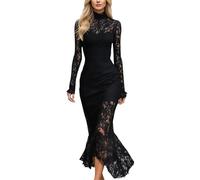 Abito in pizzo da donna, sexy, a maniche lunghe, con colletto alto, trasparente, da cocktail, con spacco profondo, elegante ed elegante, da sera, R nero., XXL
