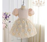 Abito in raso da ragazza con maniche a lanterna, decorazione floreale, vita elastica, adatto per damigella d'onore, matrimonio, esibizione, ospitalità, raduno familiare, festa, ballo, tutte le stagion