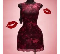 Abito in rete con stampa a rose, senza maniche e scollo a barca, adatto per l'estate, la stagione delle lauree, il ritorno a scuola, le vacanze estive, la primavera, San Valentino, appuntamenti 0XL,1X