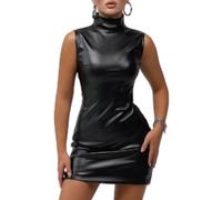 Abito in similpelle da donna, mini abito da cocktail aderente senza maniche con scollo lupetto, gonna tubino con cerniera posteriore gonna attillata per la sera, mini abito attillato aderente feste