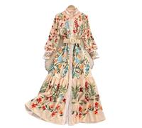 Abito in Stile Palazzo Retrò con Girocollo, Maniche Lunghe A Trapezio con Volant, Swing A Vita Alta Elegante con Orlo Plissettato Primaverile Aut