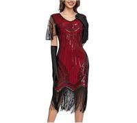 Abito in stile vintage con paillettes e frange in rilievo anni '20, abito Gatsby Flapper con orlo a frange in rete velata a maniche corte con volant per banchetti di lusso cocktail sera festa, Rosso