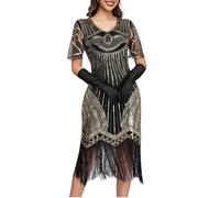 Abito in stile vintage con paillettes e frange in rilievo anni '20, abito Gatsby Flapper con orlo a frange in rete velata a maniche corte con volant per banchetti di lusso cocktail sera festa, Oro, S