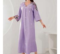 Abito in viscosa e lino di stile arabo elegante e ampio, con maniche a 3/4 e ricamo floreale, colore viola chiaro L,M,S,XL,XXLGeometrico,PianteTessuto intrecciato