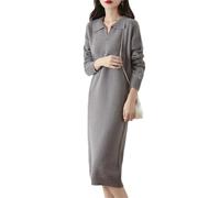 Abito invernale da donna, spesso, caldo, 100% lana merino, lavorato a maglia, con scollo a V, gonna lunga, grigio, L