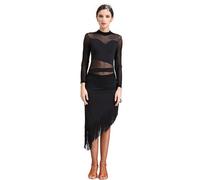 Abito Latino a Maniche Lunghe Costumi Salsa Abbigliamento Ballo da Sala | Traspirante Elegante con Frange Allenamento Training Stile Smooth Classico Esibizione Classico Collo Alto