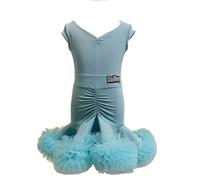 Abito Latino per Ragazze Senza Maniche, Abito da Ballo da Sala da Tango Salsa Rumba Samba Abbigliamento da Competizione di Danza Set da Due Pezzi,Blu,130