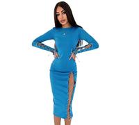 Abito Longuette con Spacco Alto in Autunno per Le Donne Abiti Lunghi Eleganti Aderenti con Scollo a V Manica Lunga Vestido-Blue,S