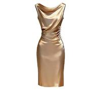 Abito longuette da donna con collo ad anello, senza maniche, increspato, con decorazione di perle, elegante abito da sera