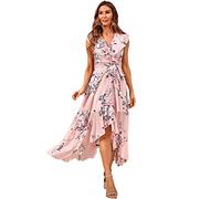 Abito longuette da donna floreale con volant swing estivo rosa con scollo a V turco sera festa con cintura abito, rosa, XL