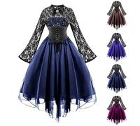 Abito Longuette Gotico da Donna Vestito Splicing Pizzo Costume Maniche a Campana Abiti Cintura in Vita Abbigliamento Medievale Abito Rinascimentale Vestito Vintage Corsetto per Halloween Cosplay