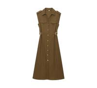 Abito longuette vintage da donna in lino tinta unita senza maniche con risvolto abito monopetto, Esercito En8, L