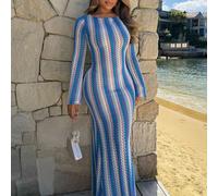 Abito lungo a campana in maglia a righe con texture, stile boho Ibiza, elegante e carino, per vacanze primaverili ed estive, spiaggia, The Beach House, festival, Natale, Ognissanti, autunno, inverno, 