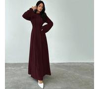 Abito lungo a-line con vita arricciata color albicocca, semplice e versatile, abito a-line con maniche lunghe e vita plissettata, abito lungo fluido simile al lino, casual business, abito a-line con v