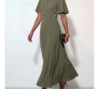 Abito lungo a-line da donna verde oliva estivo elegante con scollo rotondo, maniche con volant, vita plissettata e decorazioni metalliche, casual per matrimonio, ospite, cena e festa L,M,S,XLColore un