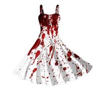Abito Lungo a Macchie di Sangue per Halloween,Abito da Donna con Bretelle Pieghettate in Vita con Scollo a U Sexy Vestito Lungo da Donna a Senza Maniche Vestiti Senza Spalline Costumi in (00-Red, M)