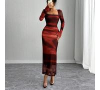 Abito lungo a manica lunga, con polsini spaccati, vita regolabile con coulisse, scollo a U, stampa astratta in rete, aderente, abito lungo da donna L,M,S,XLBlocchi di coloretulle