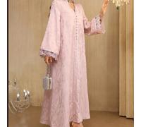 Abito lungo a maniche lunghe con scollo a V, elegante, con patchwork di nastro jacquard e pizzo per le donne L,M,S,XL,XXLPianteTessuto intrecciato
