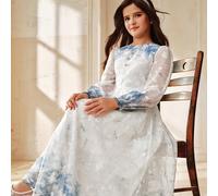 Abito lungo a maniche lunghe con stampa floreale blu elegante per ragazze, coordinato in stile acquerello per tutta la famiglia, abito a maniche lunghe per primavera/estate 9Y,10Y,11Y,12YPiantePoliest