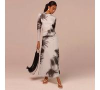 Abito lungo a maniche lunghe da donna con stampa a contrasto di colore, in tessuto elastico a rete con stampa simile all'acquerello, abito elegante da donna, abito di moda, abito per San Valentino, ab