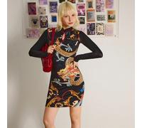 Abito lungo a maniche lunghe da donna con stampa di draghi, stile orientale, elementi floreali, sexy e casual, adatto per autunno, inverno, vacanze, feste e uso quotidiano SHEIN X Shutterstock SHEIN X