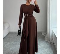 Abito lungo a maniche lunghe da donna, elegante, a tinta unita, con scollo tondo, incrocio sulla vita e vita annodata, adatto per casual, pendolarismo, vacanza, tè pomeridiano, festa di Natale L,M,S,X