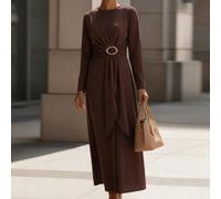 Abito lungo a maniche lunghe da donna, elegante, a tinta unita, con scollo tondo, incrocio sulla vita e vita annodata, adatto per casual, pendolarismo, vacanza, tè pomeridiano, festa di Natale L,M,S,X