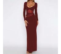 Abito lungo a maniche lunghe in in rete e patchwork, sexy stile Y2K, abito elegante francese trasparente nero, adatto per appuntamenti e feste L,M,S,XL,XSColore unicoTessuto in maglia