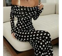 Abito lungo a pois elegante, romantico e alla moda da donna, con maniche lunghe, spalle scoperte, texture a uncinetto e design a pois 0XL,1XL,2XL,3XL,4XLStampa CasualeTessuto in maglia