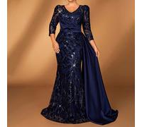 Abito lungo a sirena in raso lucido con inserti in paillettes, perle e fiori, manica lunga, adatto per matrimoni, feste, vacanze, balli, abiti da sera per madri della sposa, taglie comode 0XL,1XL,2XL,