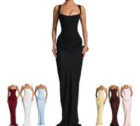 Abito Lungo Aderente con Corsetto Senza Maniche con Scollo Quadrato Donna | Abito da sera lungo Vita elegante formale da cocktail Prom Abiti da festa feste di compleanno, invitati al