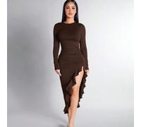 Abito lungo aderente con spacco alto a maniche lunghe di colore marrone solido, adatto per l'autunno e la primavera Petite XXS,Petite XS,Petite S,Petite M,Petite LTessuto in tulle