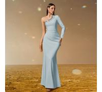 Abito lungo aderente da donna con colletto obliquo, colore unito, arricciato, con perline, maniche lunghe L,M,S,XLBlocchi di coloreTessuto intrecciato