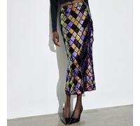 Abito lungo aderente da donna con paillettes geometriche colorate, con design in vita elastico e cerniera laterale nascosta per una facile vestibilità. Il design con spacco alto sull'abito trasmette u