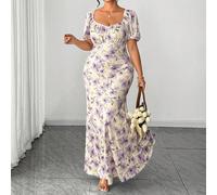 Abito lungo aderente da donna taglie forti, con scollo a V, maniche a palloncino arricciato, fondo poco profondo, colore albicocca e viola, motivo floreale, elegante e affascinante per occasioni forma