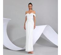 Abito lungo aderente elegante da donna con scollo a cuore, spalle scoperte, decorato con perline e diamanti, adatto per cene formali, matrimoni e come abito da ospite L,M,STessuto in maglia